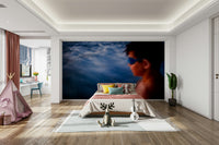 A graceful dramatic wave wall mural in cool, deep tones.

