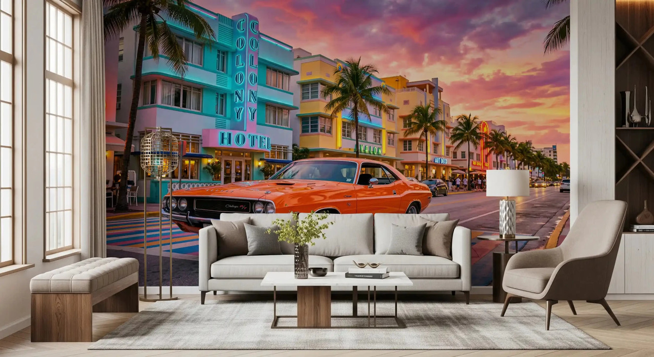 Living room Miami street wall mural with sunset and car