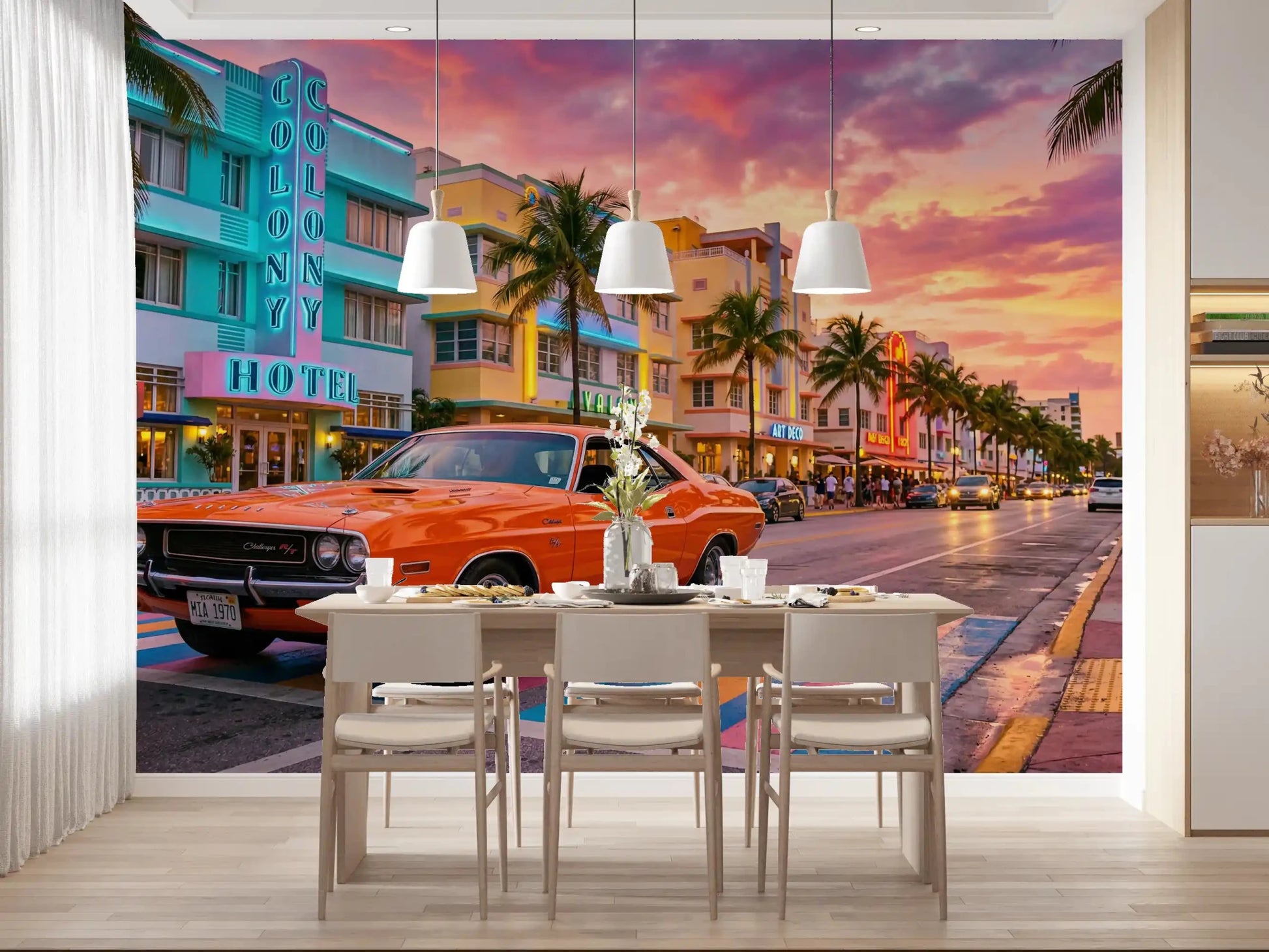 Miami neon street wall mural with colorful sunset sky