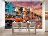 Miami neon street wall mural with colorful sunset sky