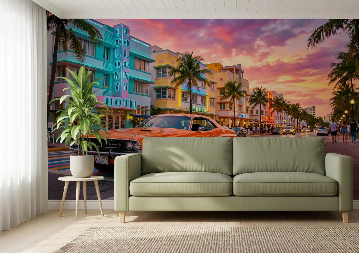 Retro Miami drive wall mural with palm trees and bright road