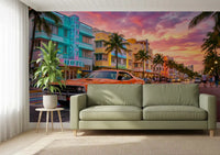 Retro Miami drive wall mural with palm trees and bright road