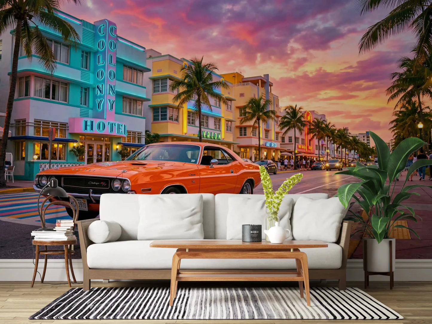 Hallway Miami sunset wall mural with palm trees street