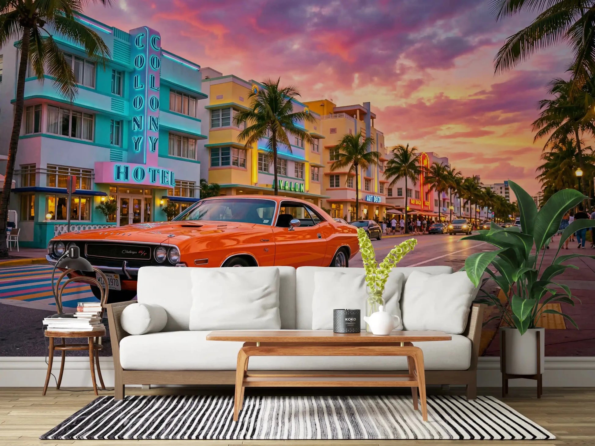 Hallway Miami sunset wall mural with palm trees street