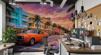 Miami boulevard wall mural with sunset palm trees and lights