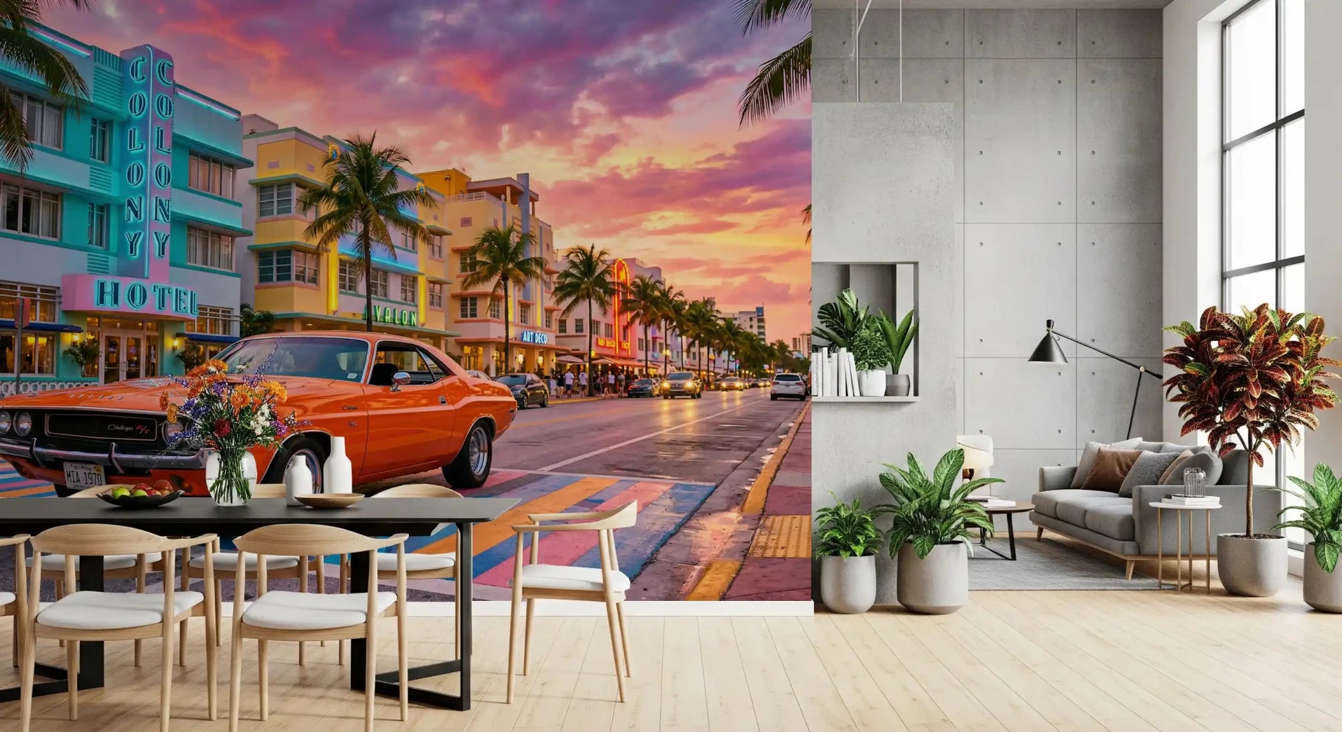 Ocean Drive Sunset Ride wall mural with vintage car