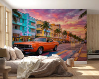 Bedroom Ocean Drive wall mural with neon buildings view