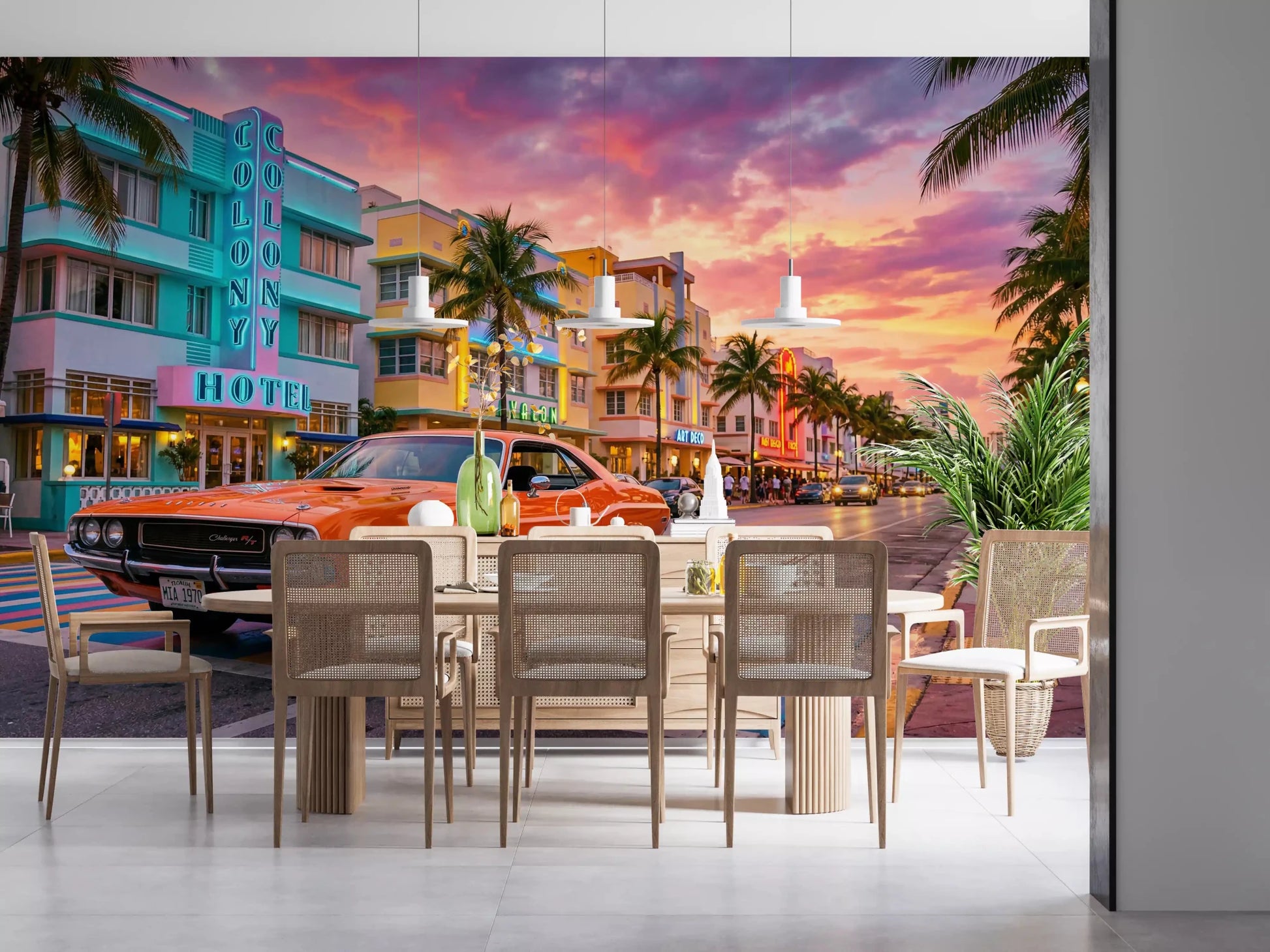 Sunset street wall mural with Art Deco buildings view