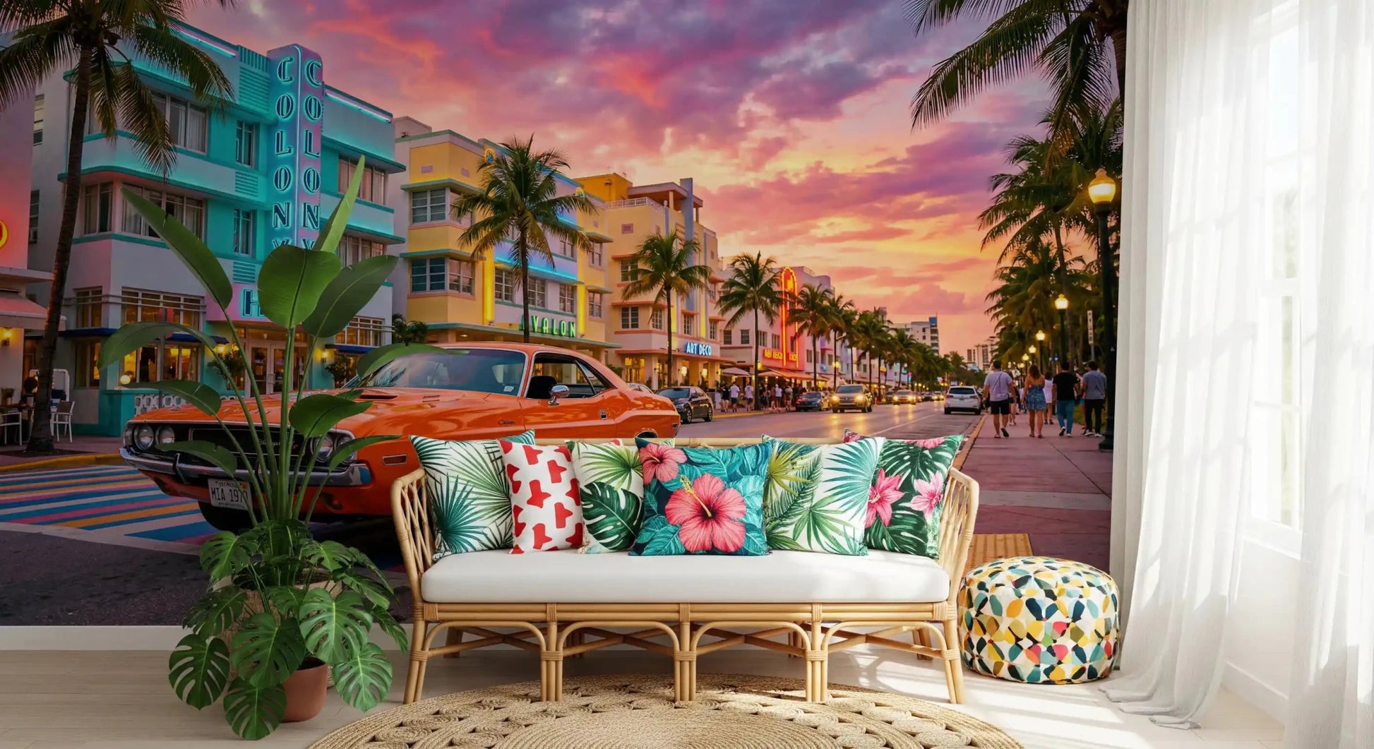 Coastal sunset city wall mural with vintage car and neon signs