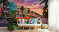 Coastal sunset city wall mural with vintage car and neon signs