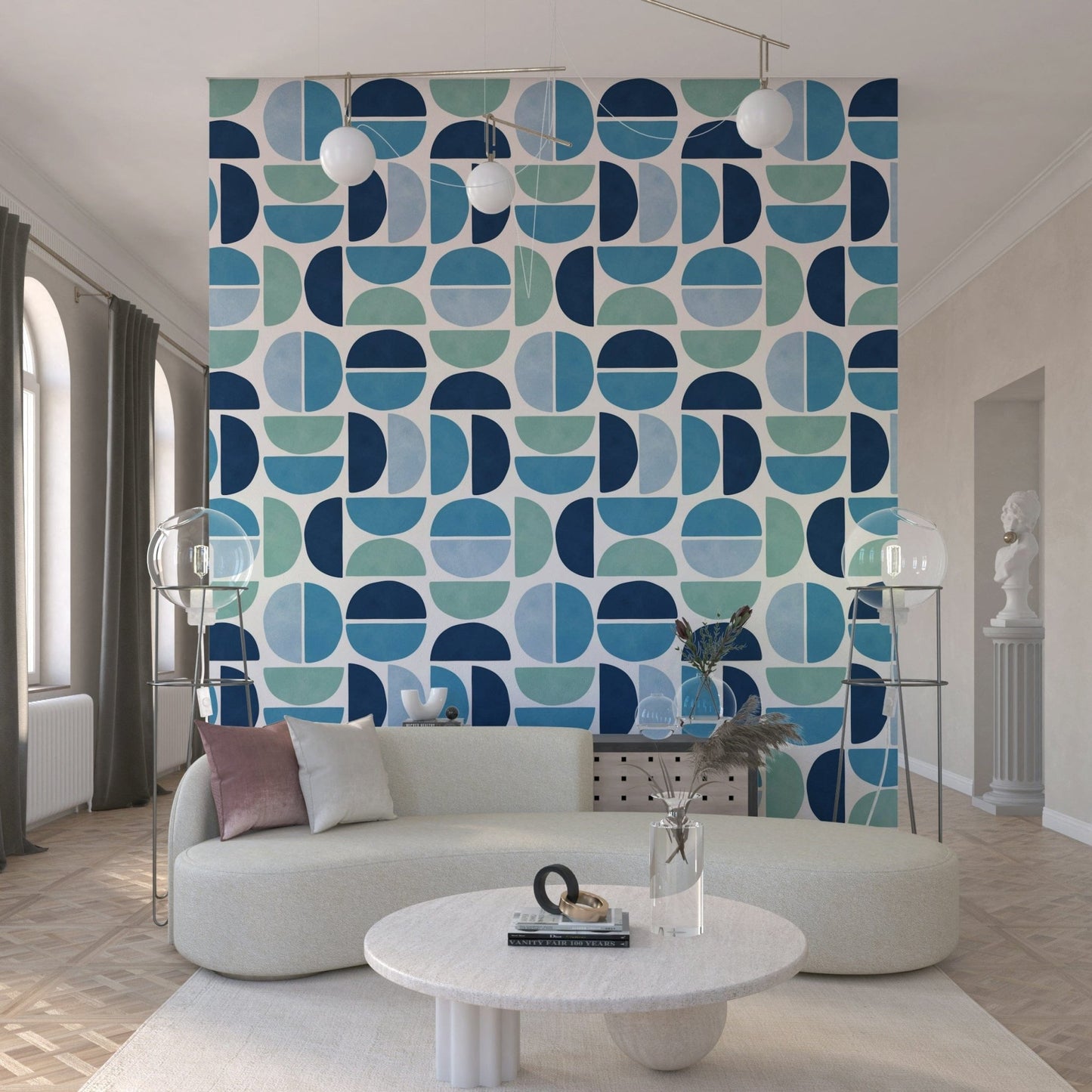 Teal and cobalt wallpaper for walls, Ocean Echoes geometric art.