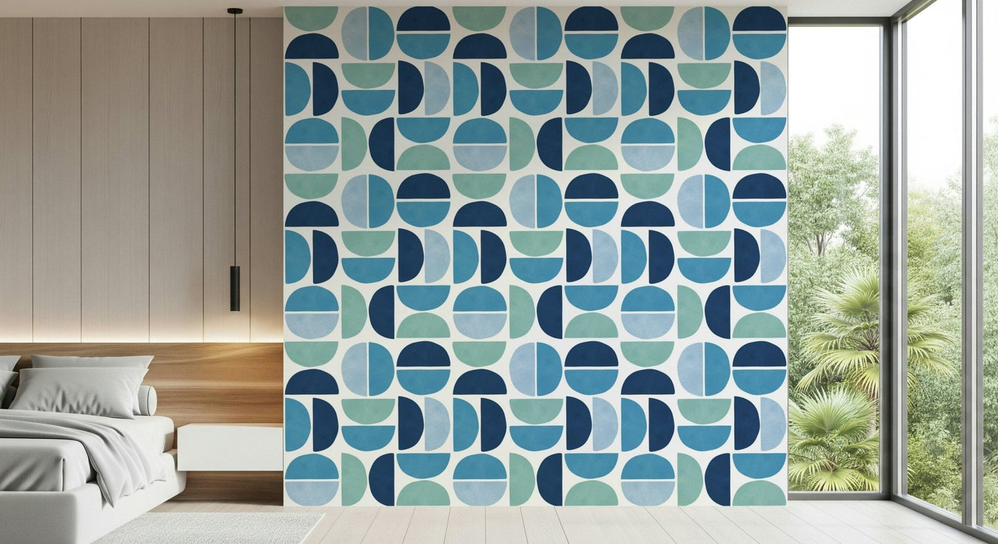 Indigo crescent wallpaper, peaceful shades, Ocean Echoes design.