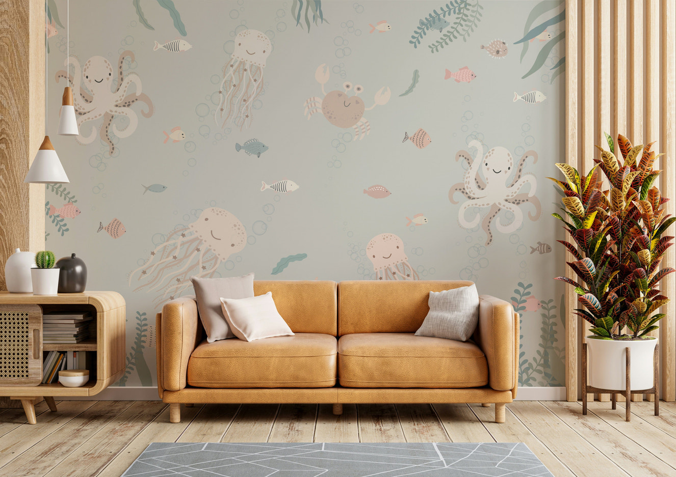 The design features friendly sea animals like fish and whales.

