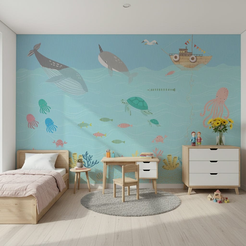 Ocean Friends' Playtime Wall Mural in kids bedroom, cute sea animals, blue color, modern wall decor