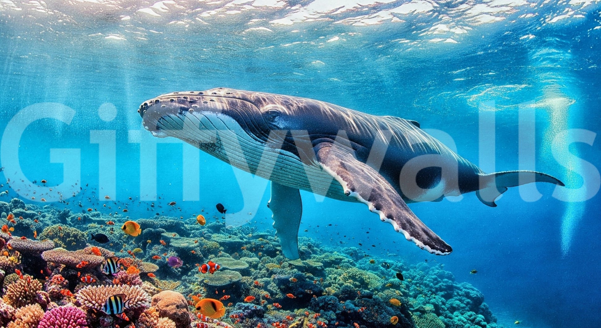 Contemporary marine life wallpaper in a high-rise apartment living space.