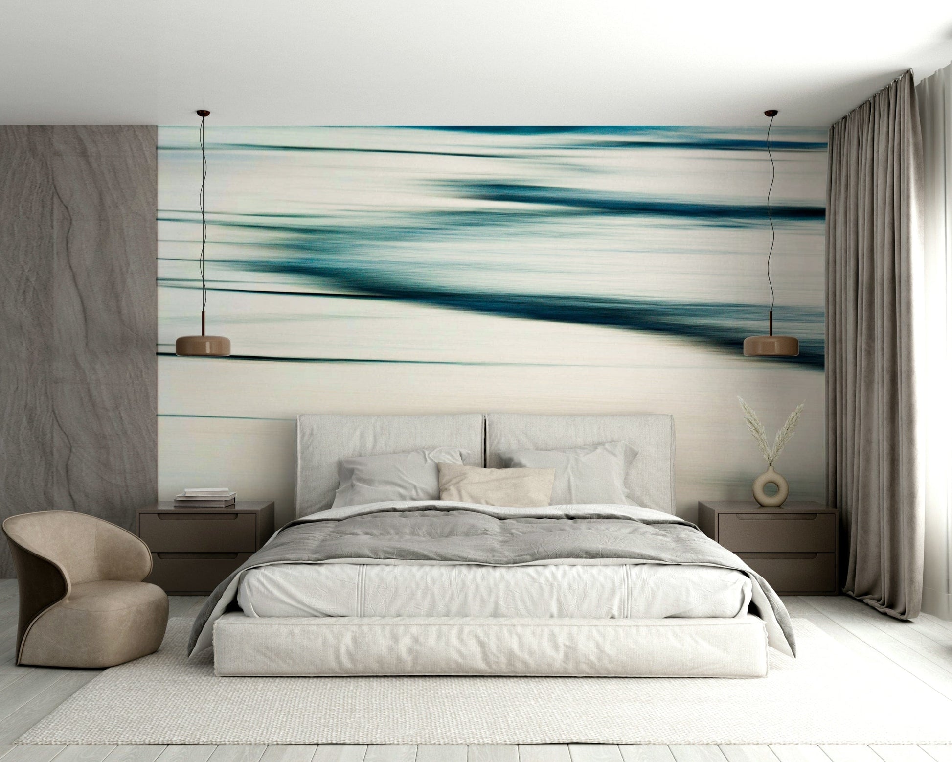 A graceful expressive wave wall mural in cool, natural tones.

