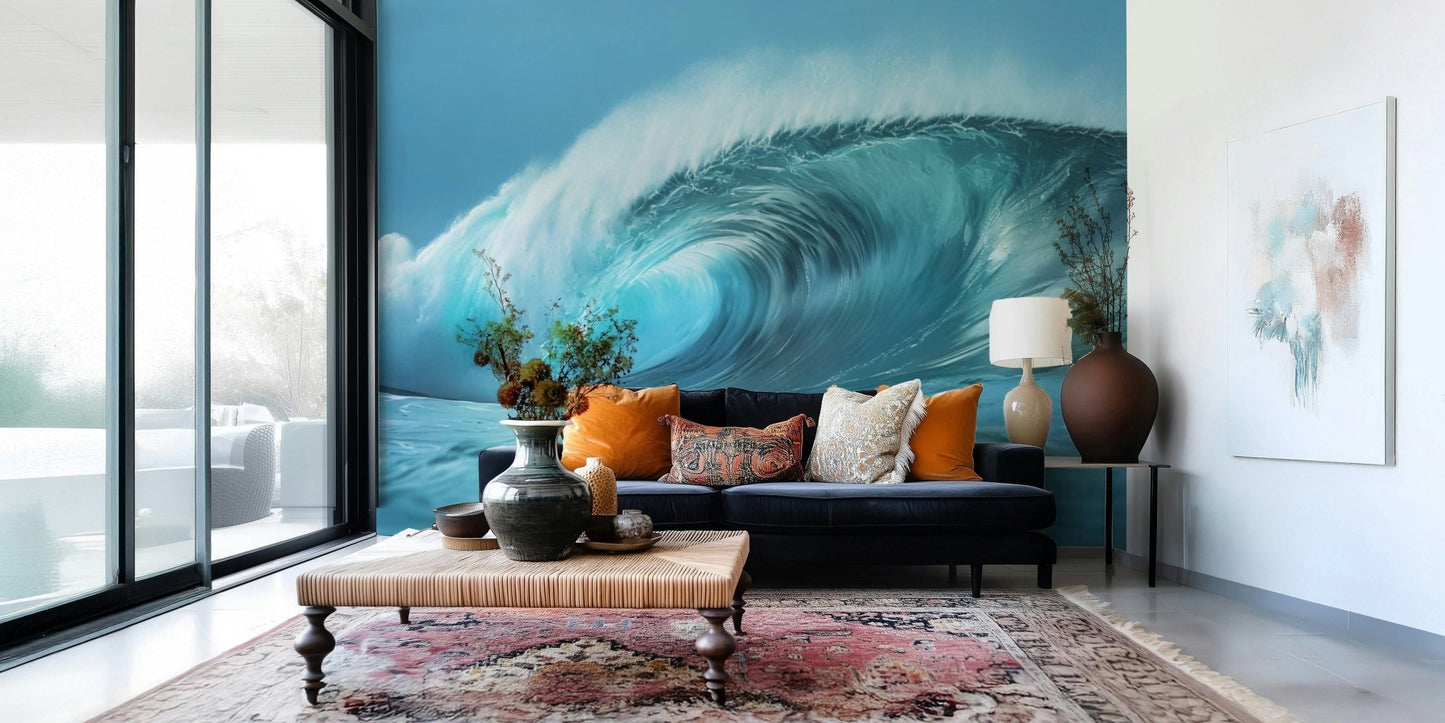 Calm wave wallpaper in bedroom, ocean tones above white headboard