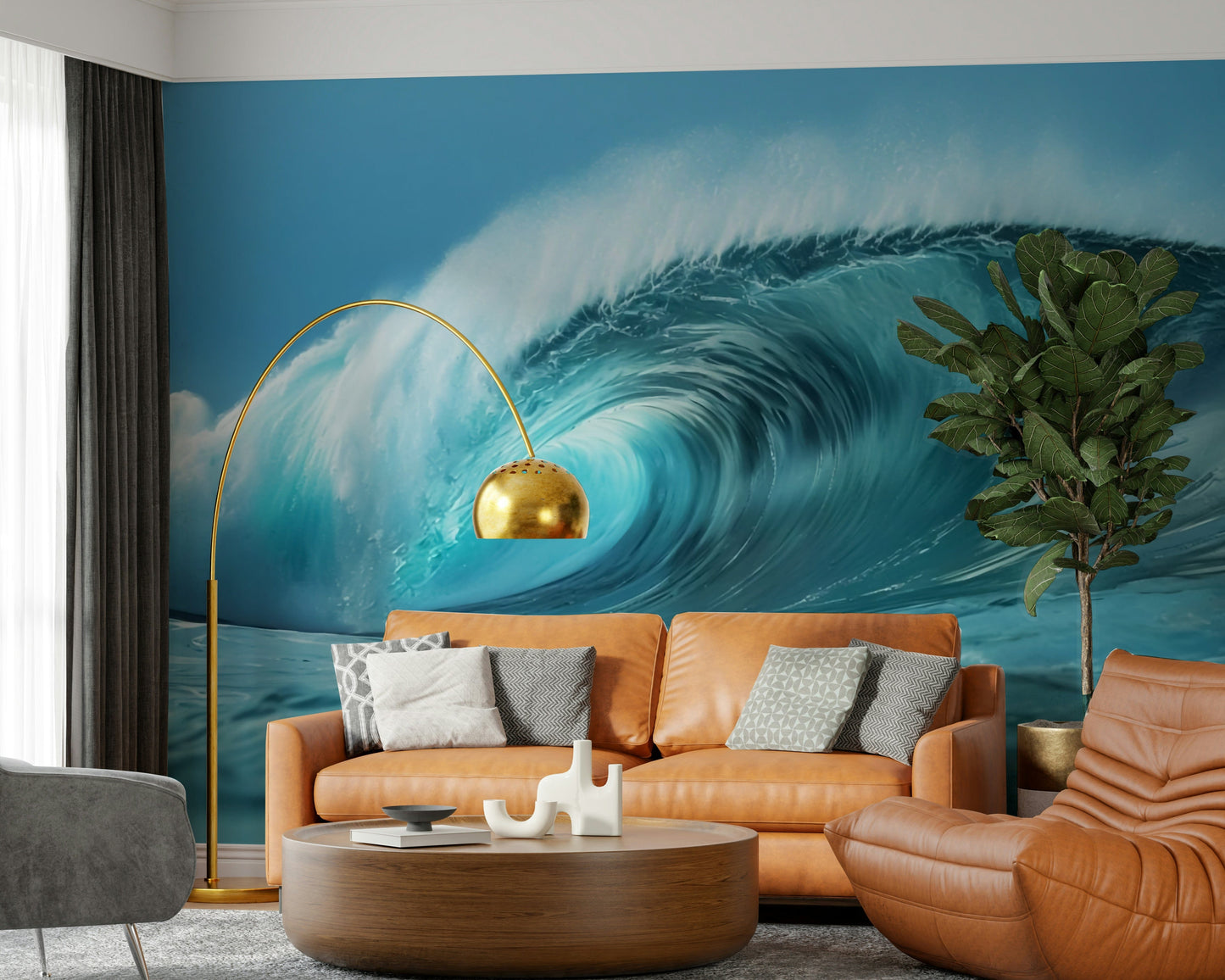 Detailed wave wallpaper behind TV unit, tidy coastal lounge backdrop