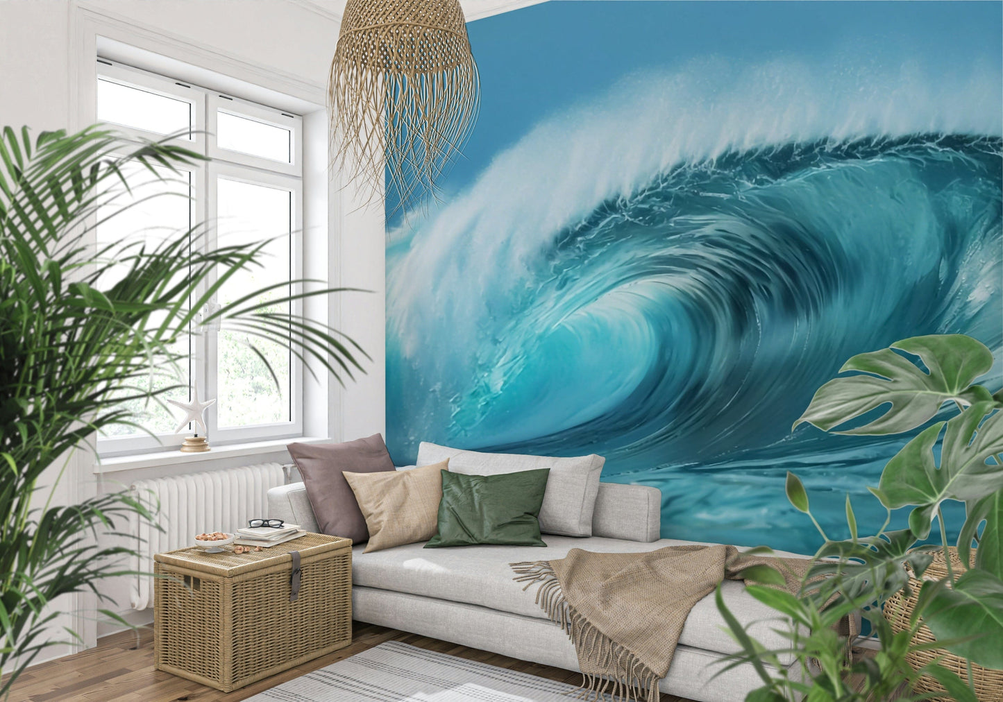 Ocean Wave Serenity Wall Mural in living space, rolling waves feature wall styling