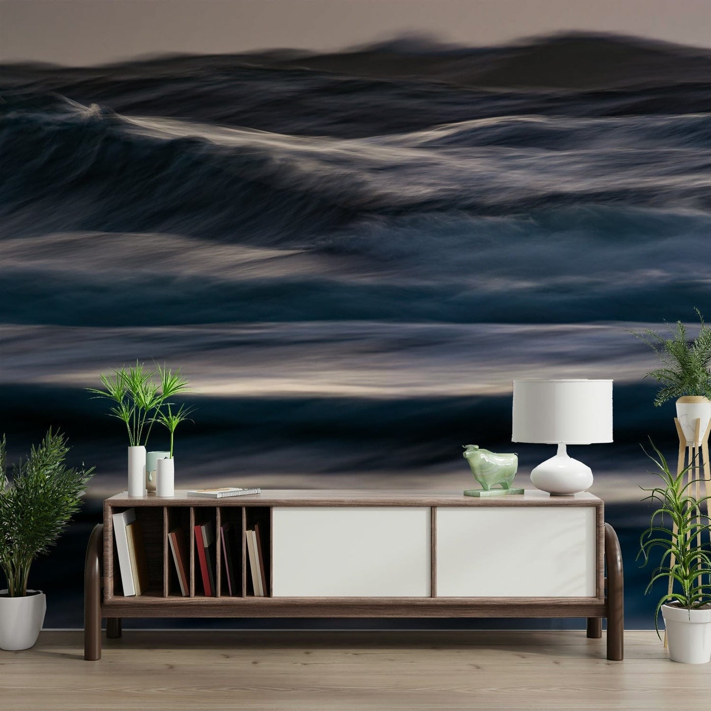 A high-angle view of the wall mural in a large space.

