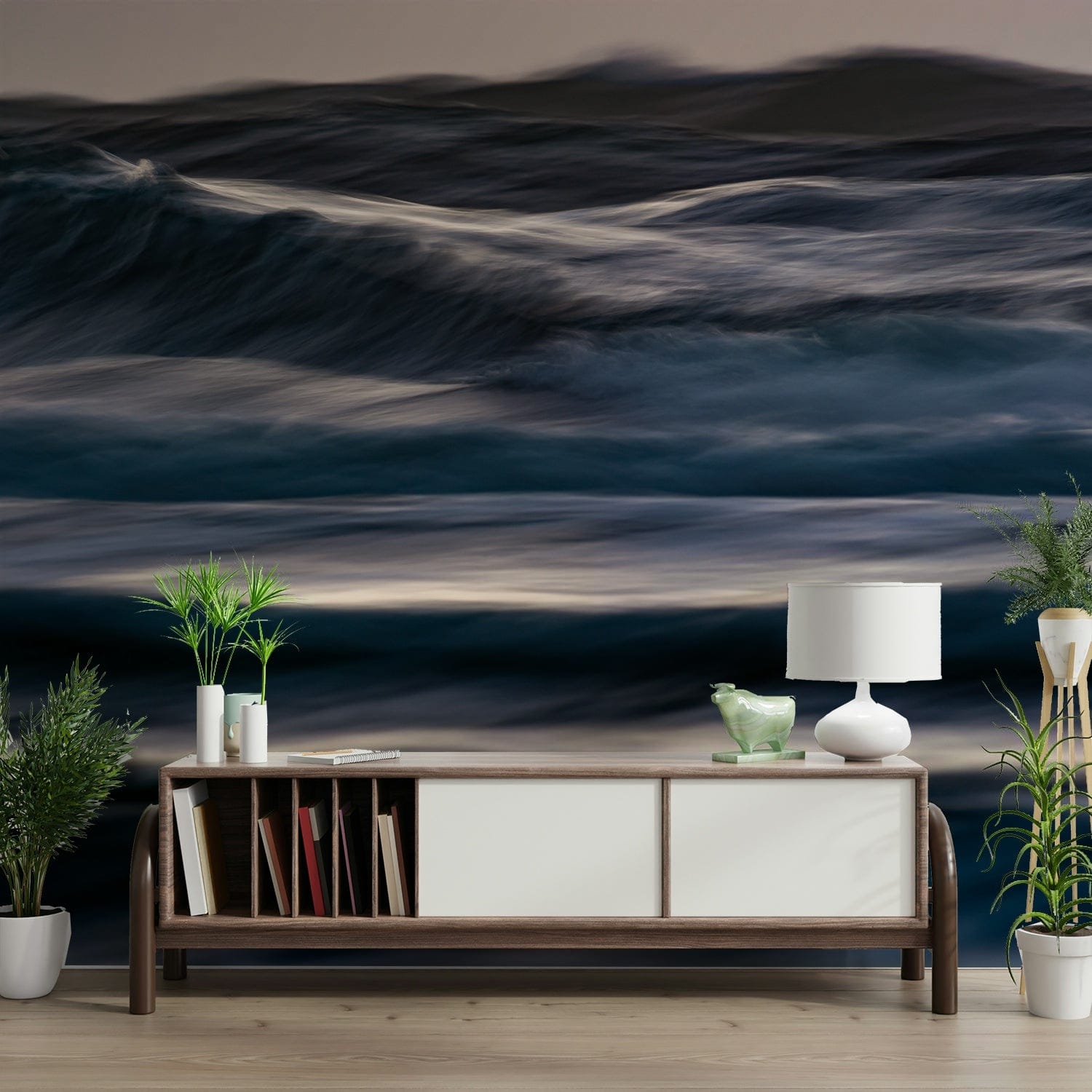 A high-angle view of the wall mural in a large space.

