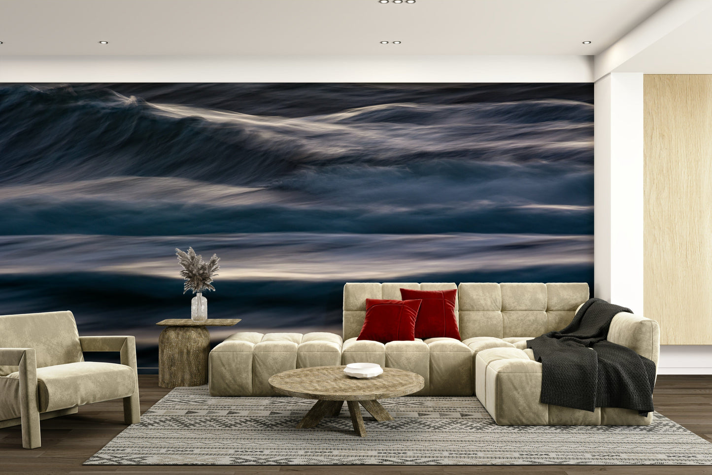 A minimalist home office with the abstract wave wallpaper.

