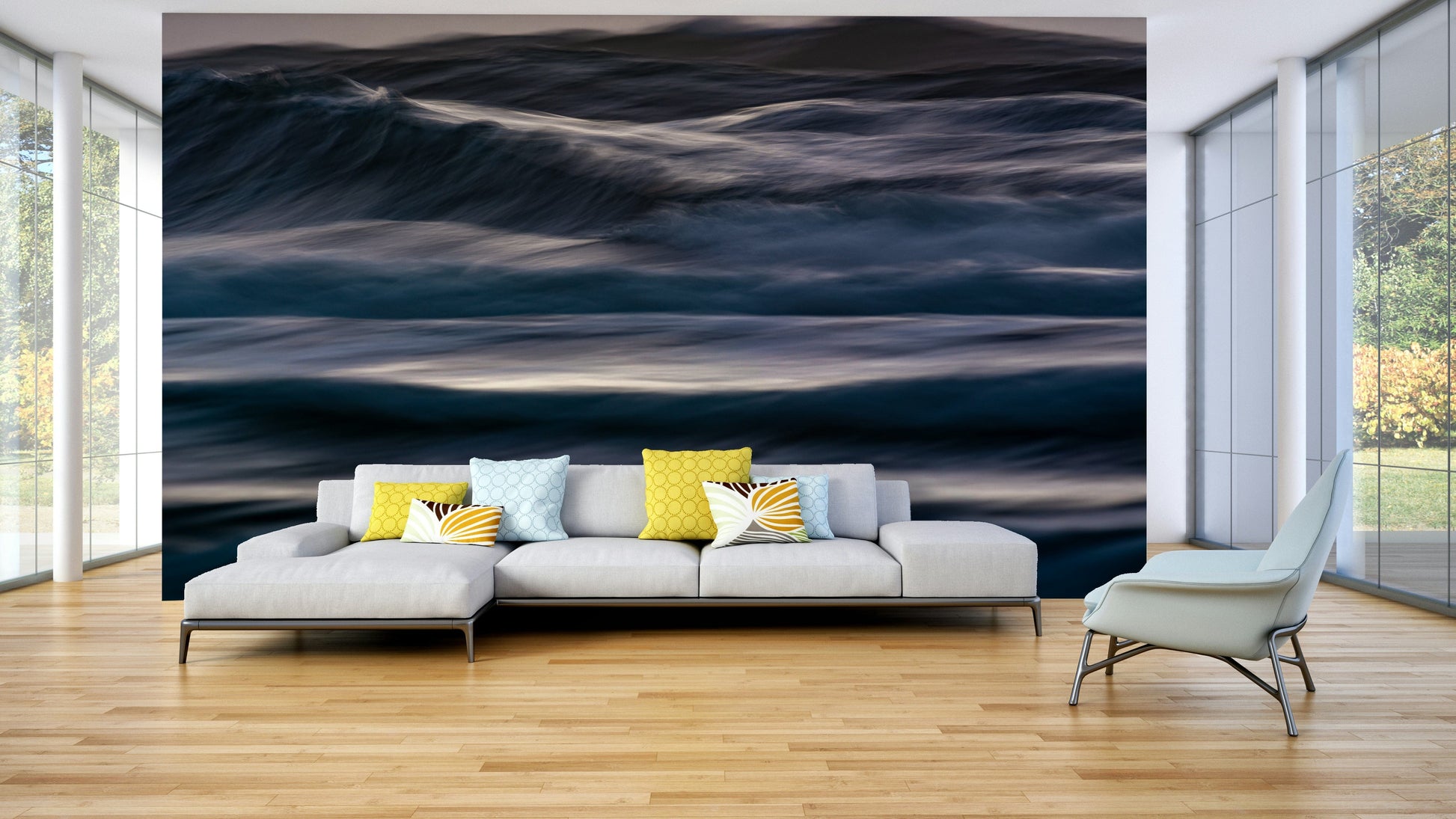 The wallpaper is used to create a feature wall in a dining room.

