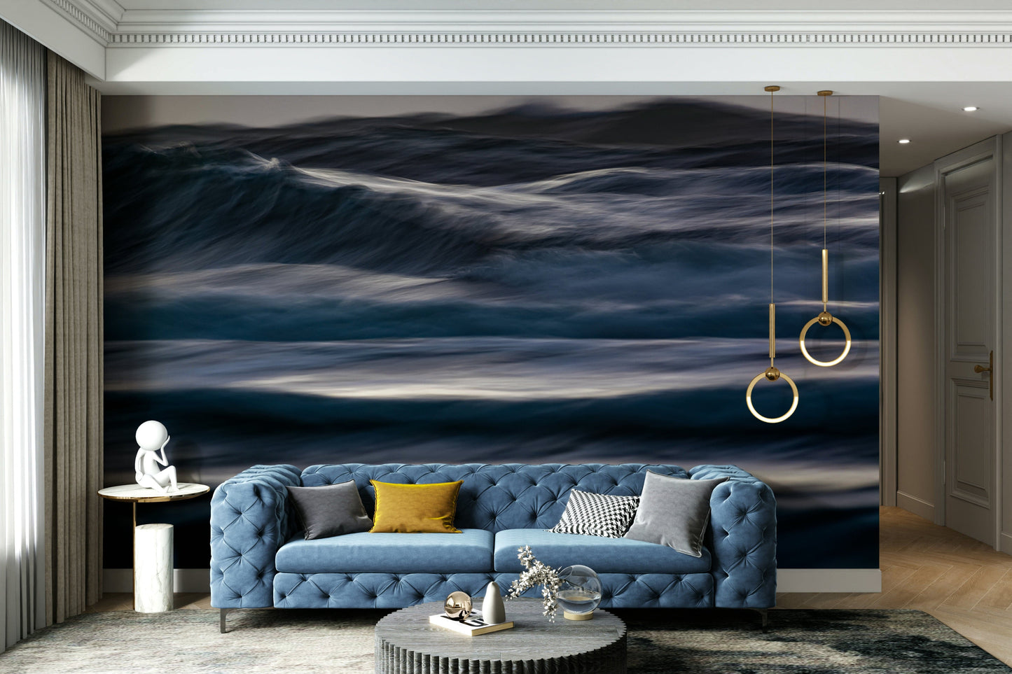 A detail shot of the flowing lines in the wallpaper.

