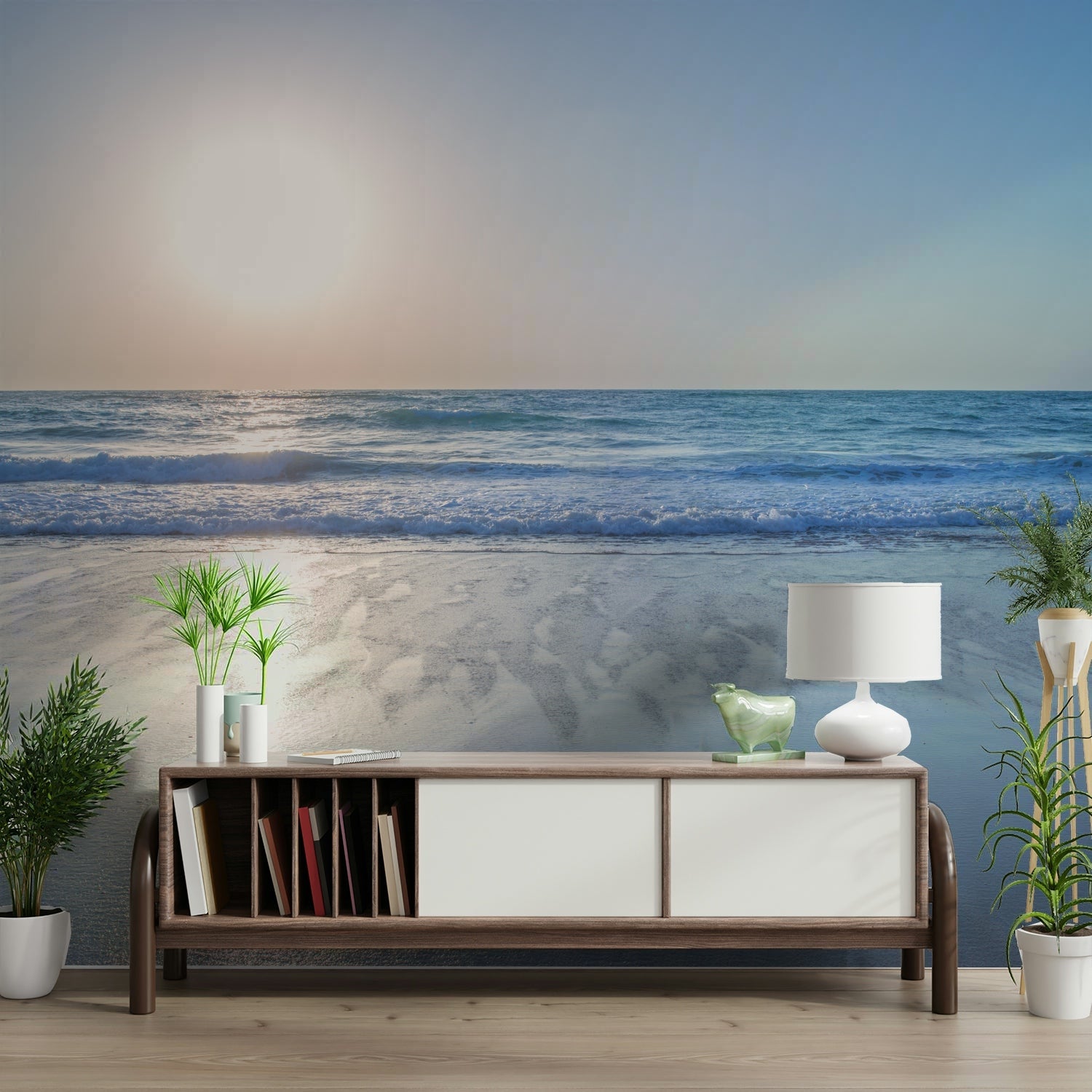 The room's lighting highlights the serene, quiet feel of the mural.

