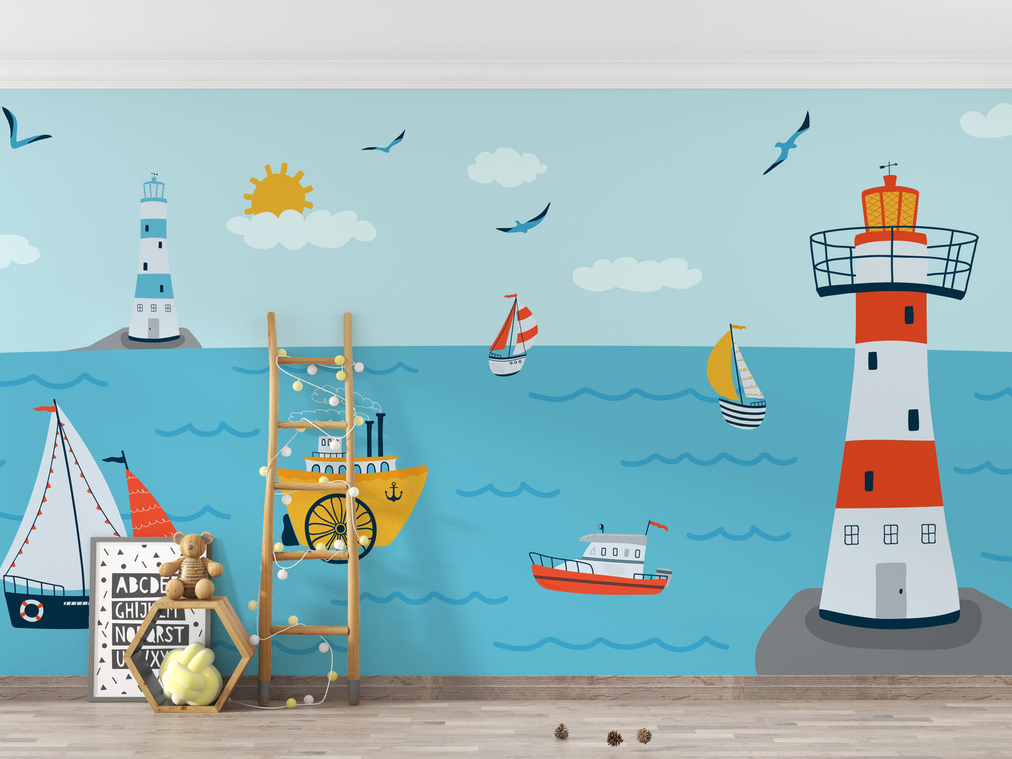 Ocean with Lighthouse and Boat wallpaper mural styled along a hallway feature wall near a console in blue tones