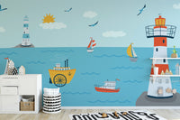 Ocean with Lighthouse and Boat wallpaper mural as a feature wall in a home office workspace in blue tones
