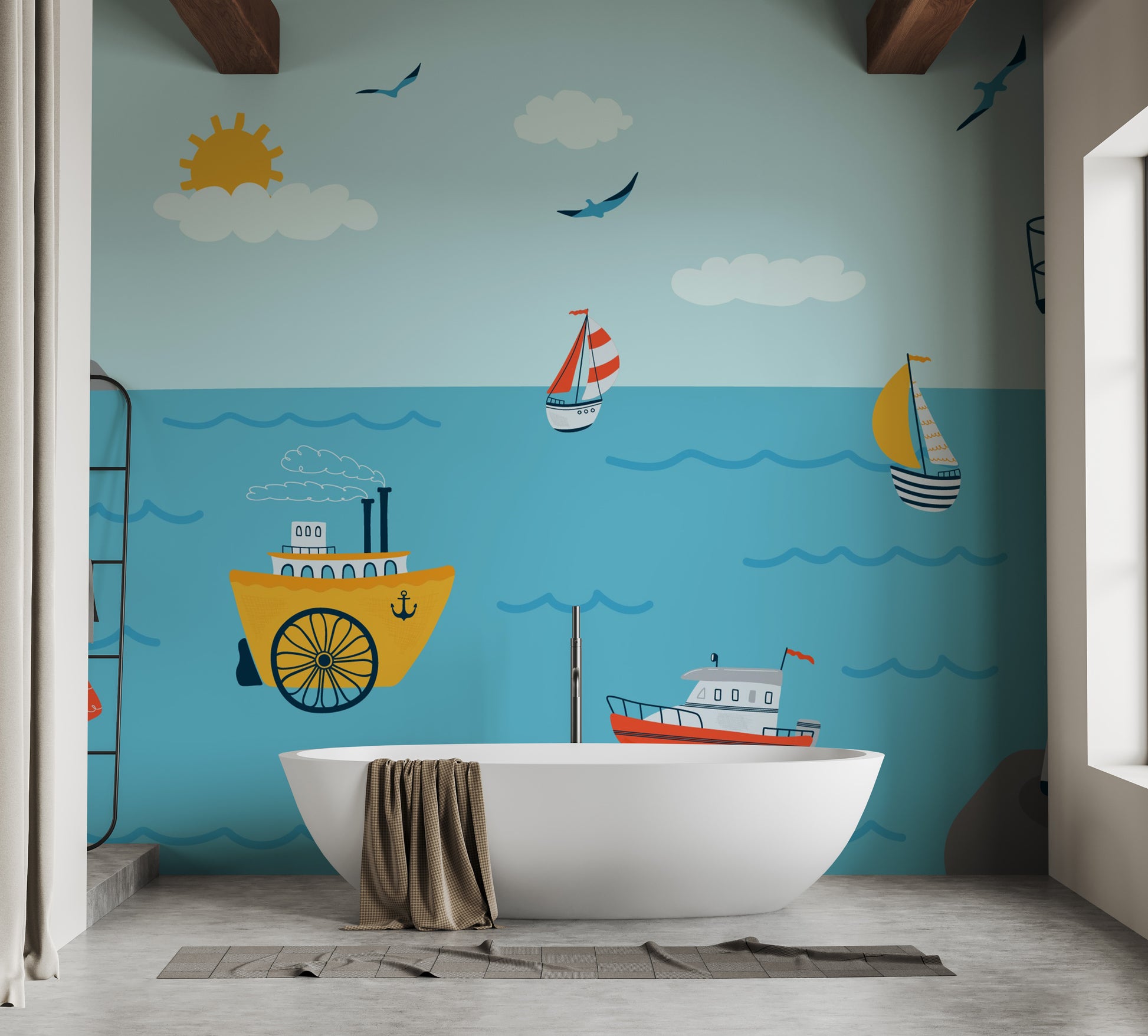 Ocean with Lighthouse and Boat wallpaper mural as a bedroom feature wall behind the headboard in blue tones