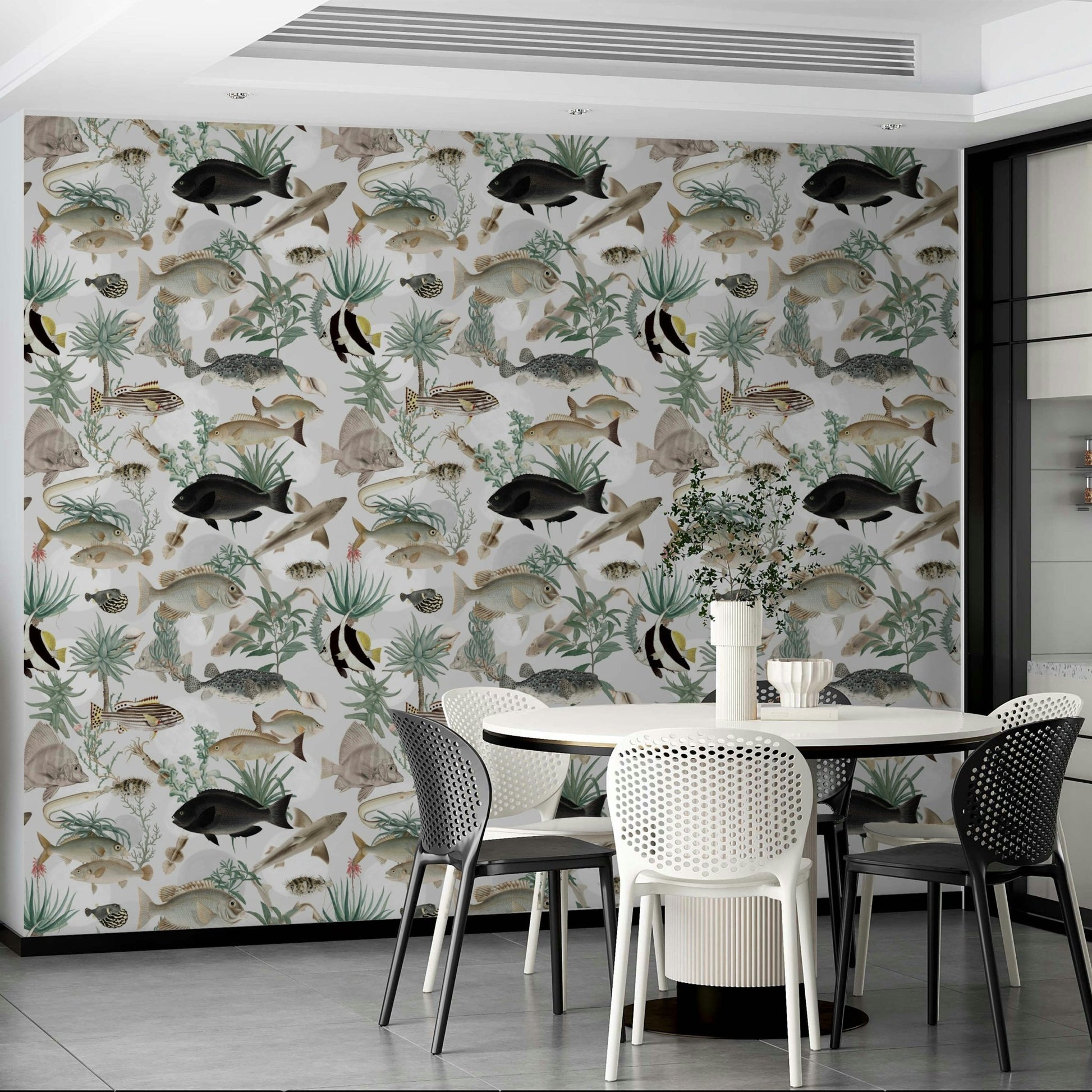 Minimalist bedroom with Oceania Wallpaper wall

