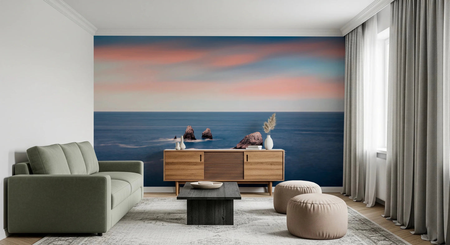 Sunset sea wall mural complements light decor