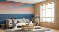 Blush blue wall mural defines dining area