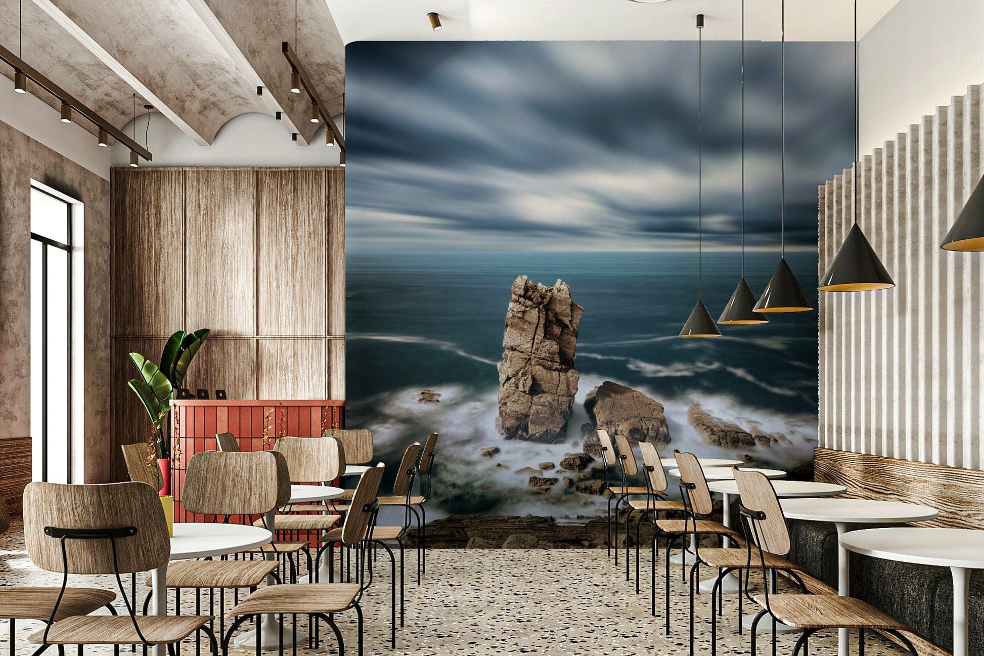 Ocean's Edge Wall Mural in modern living room, shoreline waves feature wall in blues