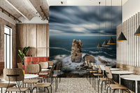 Ocean's Edge Wall Mural in modern living room, shoreline waves feature wall in blues