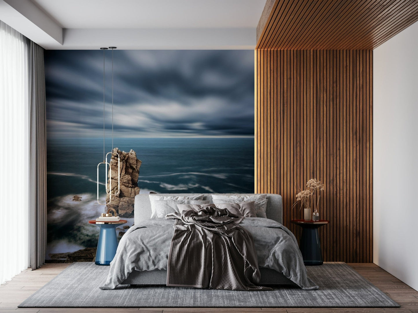 Beach shoreline mural in entryway, sea edge view behind wood console table