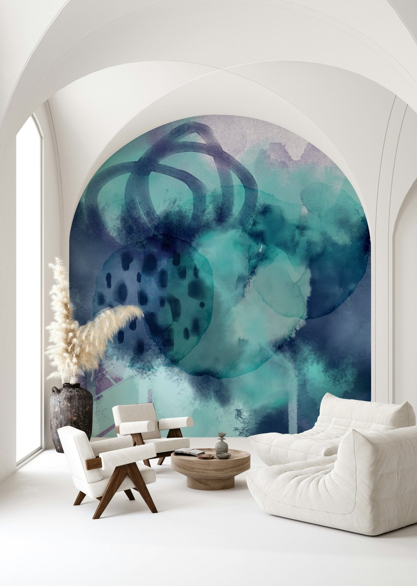 Ocean wave wallpaper in bedroom headboard wall, calming blue and white décor