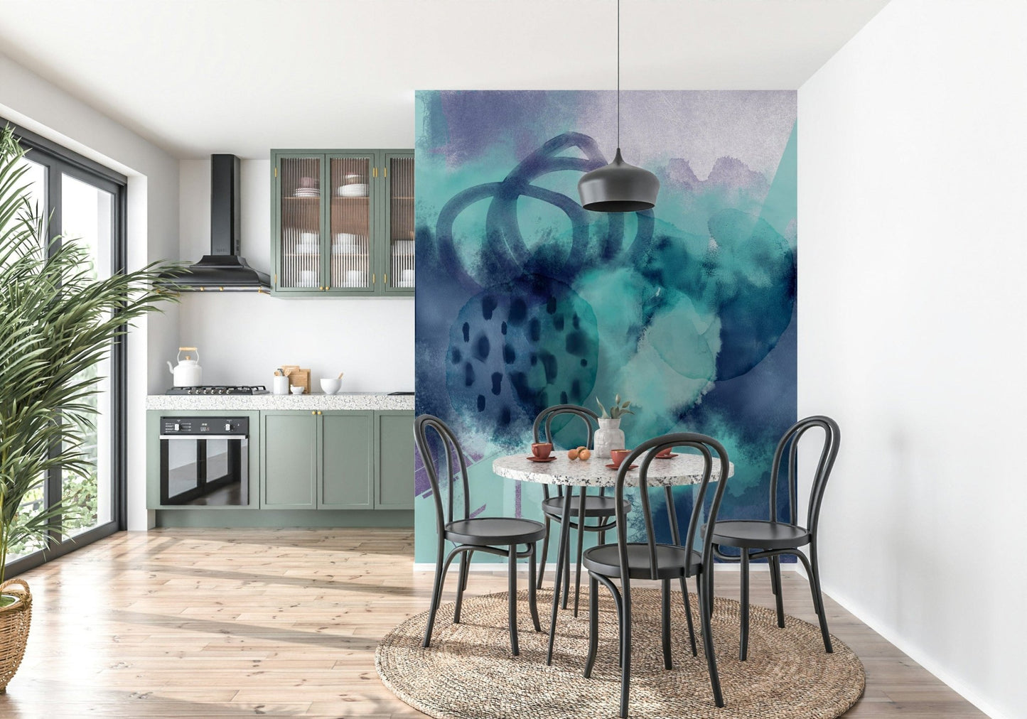Dining room wall with ocean wallpaper, clean coastal style in cool tones