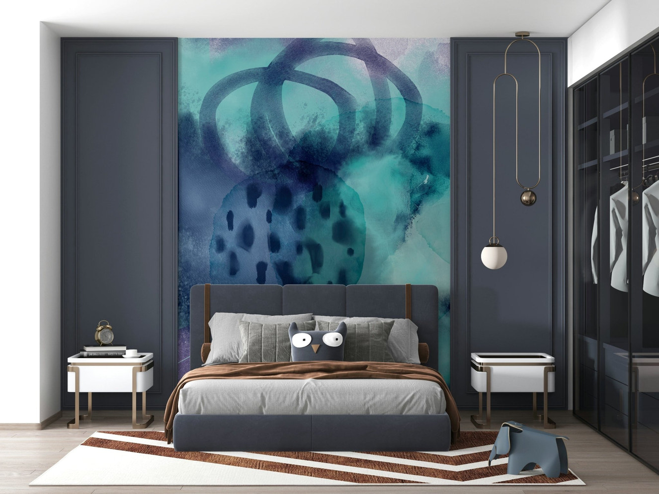 Modern home office feature wall with ocean mural, cool blue seascape style