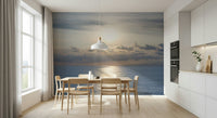 Coastal sunrise mural for bedroom headboard wall, calm waves and golden sky