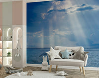 Modern ocean mural on accent wall, subtle wave design in a bright apartment living space