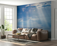 Blue coastal wall mural for reading nook, calming sea texture paired with neutral furniture