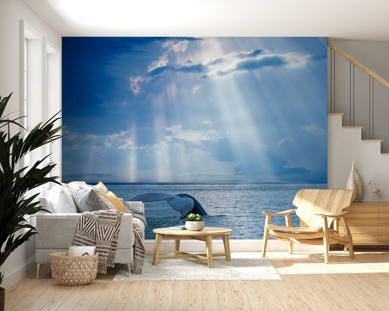 Ocean-inspired wall mural in a modern living room, soft blue waves and coastal tones for wall decor