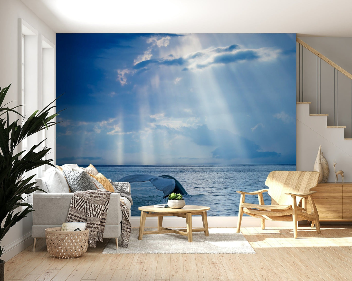 Ocean-inspired wall mural in a modern living room, soft blue waves and coastal tones for wall decor