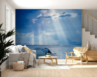 Ocean-inspired wall mural in a modern living room, soft blue waves and coastal tones for wall decor