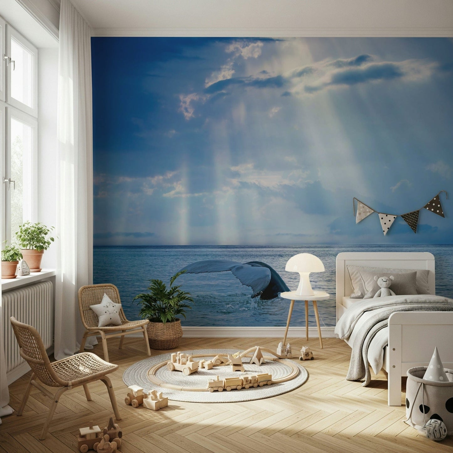 Coastal wave wallpaper mural in a bedroom, muted aqua and sand colors for a relaxing feature wall