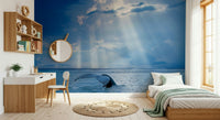 Coastal wallpaper mural for nursery, soft ocean pattern with pale blue tones and simple room styling