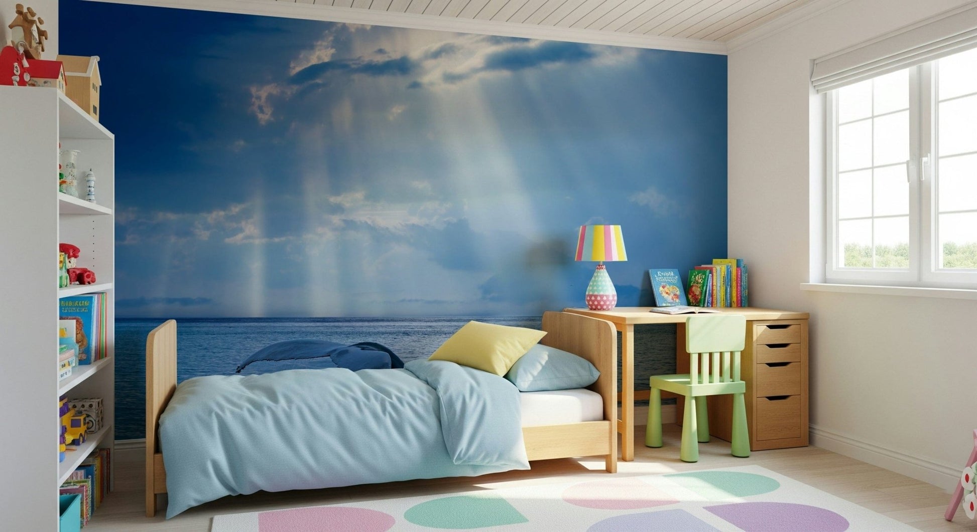 Ocean wall decor mural for hallway feature wall, gentle wave texture in cool blue and gray tones